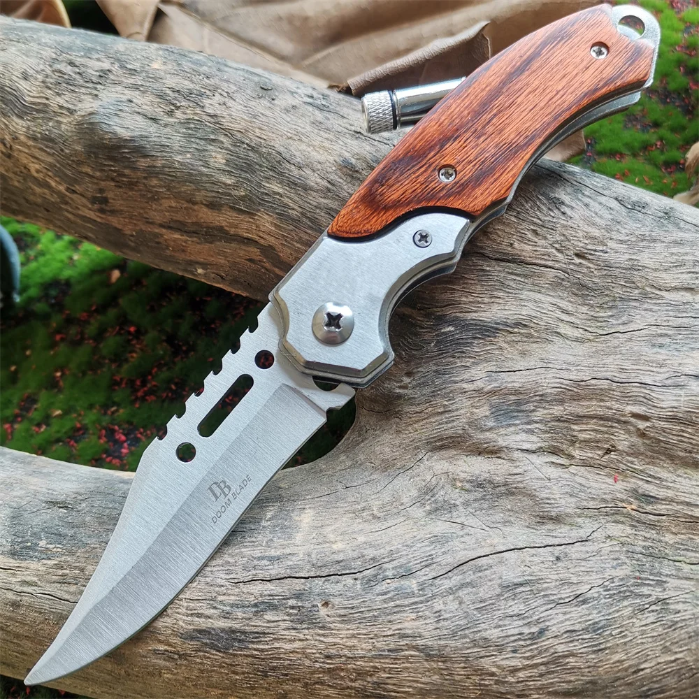 Tactical Folding Pocket Knife with Wood Handle - EDC Camping Survival Tool with LED Light - Multifunctional Self-defense knives