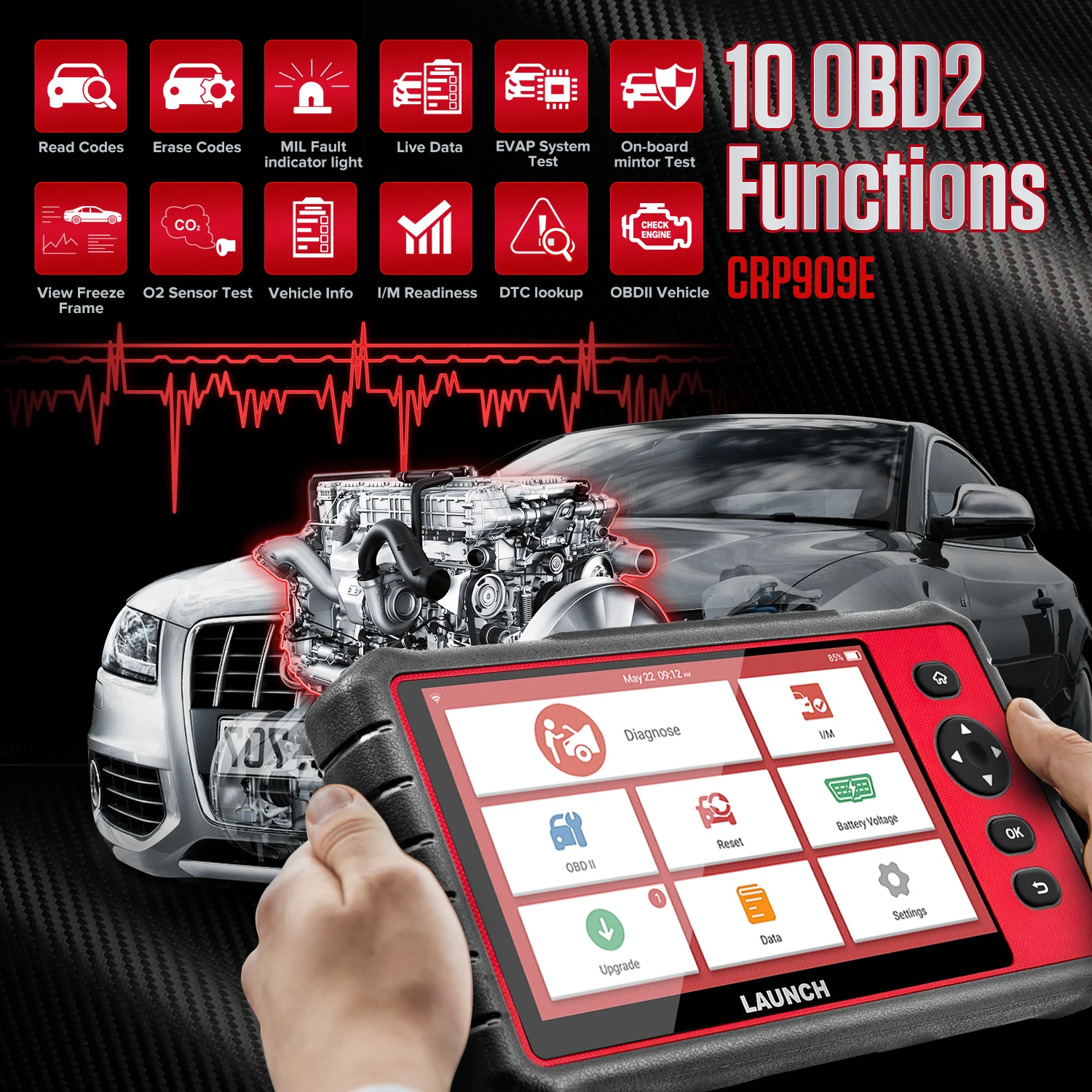إطلاق آلة CRP909E الاحترافية 26 إعادة تعيين وظيفة النظام الكامل Eco Obd2 ماسح ضوئي تشخيص السيارات أداة السيارات