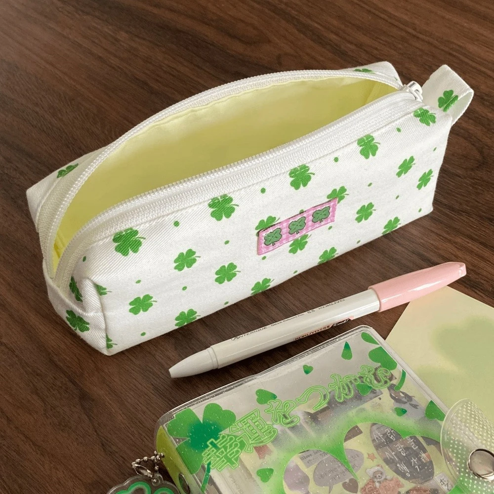 INS Lucky Clover 3D Pen Bag Green Fresh Large Capacity Original Handmade Stationery Storage Travel Decoration Accessories