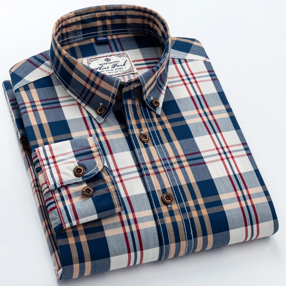 Men's 100% Cotton Plaid Long Sleeve Casual Shirt, Spring Autumn Lightweight & Breathable Slightly Slim Fit Button Down Shirts