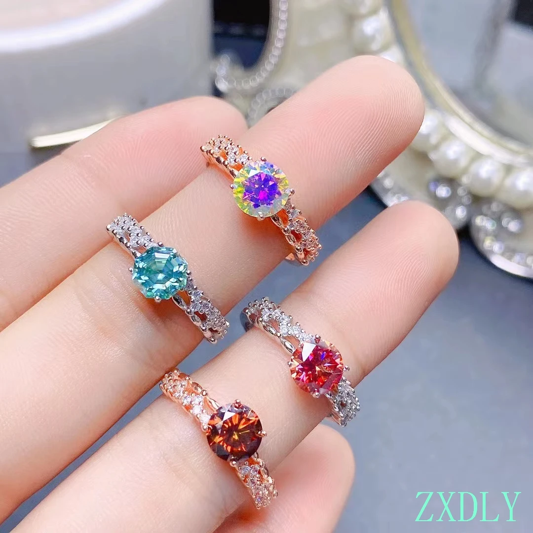 Women Silver Ring with Different Colorful Moissanite 925 Sterling Silver 1ct Gemstone Wedding Party Gift Pink Blue Green Red