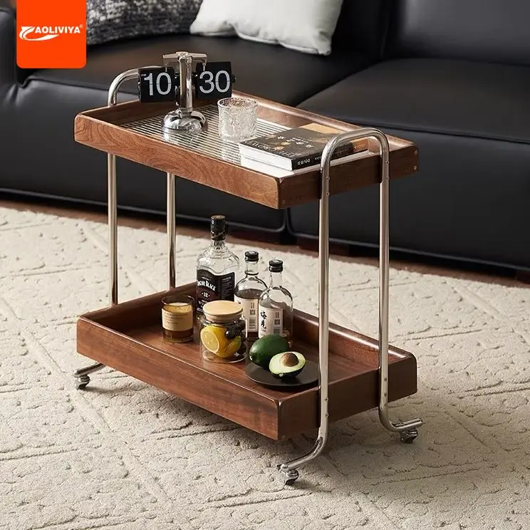 

Aoliviya Nordic Solid Wood Side Table Multi-Tier Movable Retro Trolley Home Small Apartment Living Room Sofa and Tea Table Stora