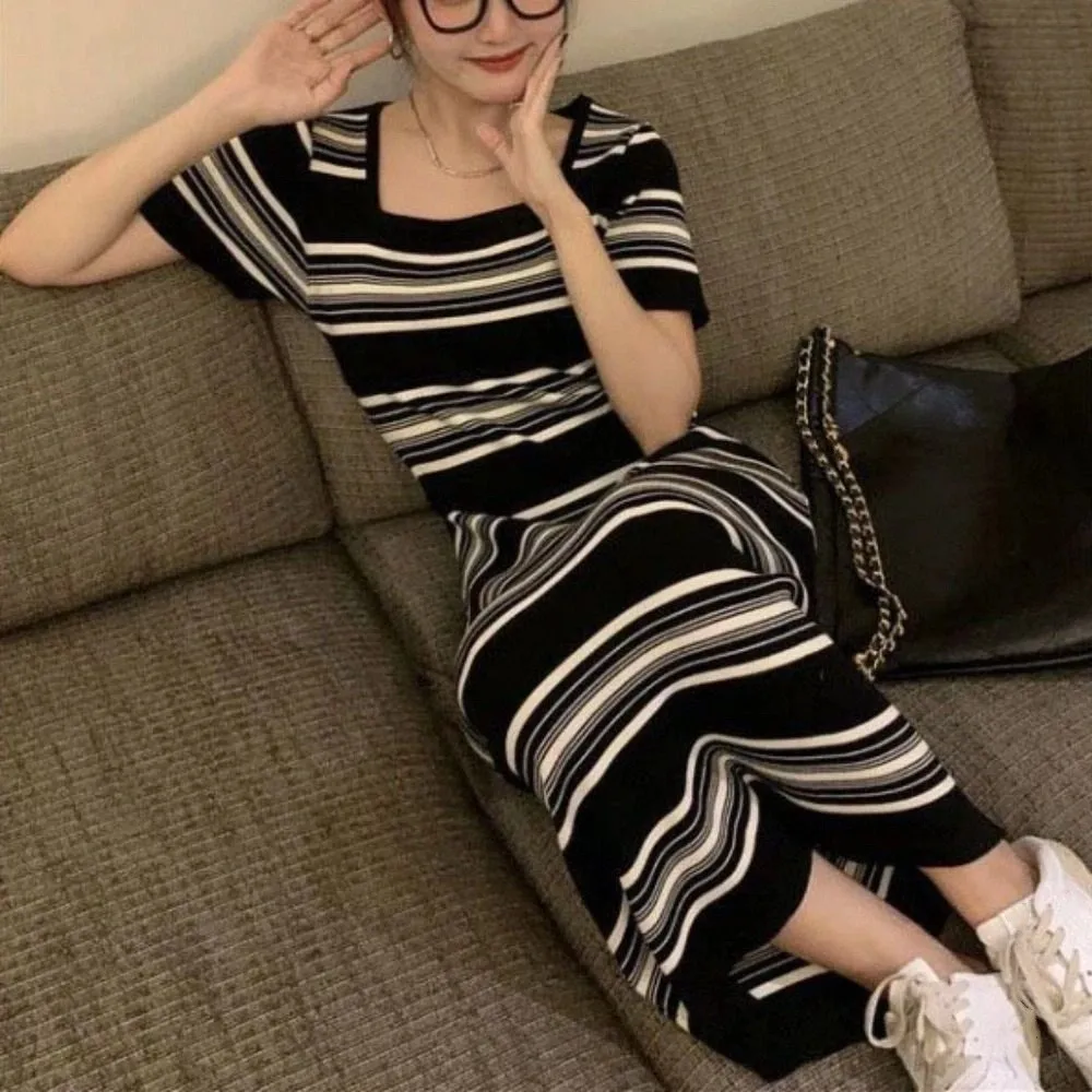 فستان طويل مخطط برقبة مربعة حلوة، ملابس شاطئ بسيطة، فساتين قصيرة الأكمام، فستان محبوك مخطط للفتيات الحارة، فستان صيفي #2