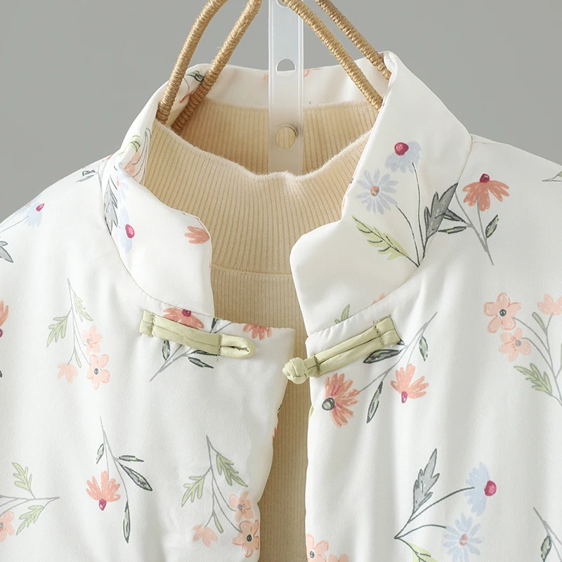 Ciepły, luźny płaszcz bawełniany w dużym rozmiarze z kwiatowym wzorem, chiński płaszcz bawełniany, zimowy płaszcz do dojazdów do pracy, modny, regularny krój.