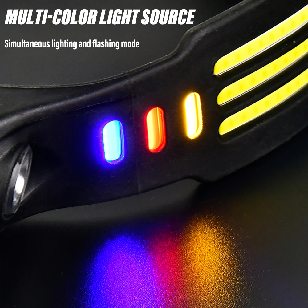 Super Bright COB+LED Fishing Headlamp Rechargeable Flashlight High Power Camping Light with Smart Sensor 3RGB Beads