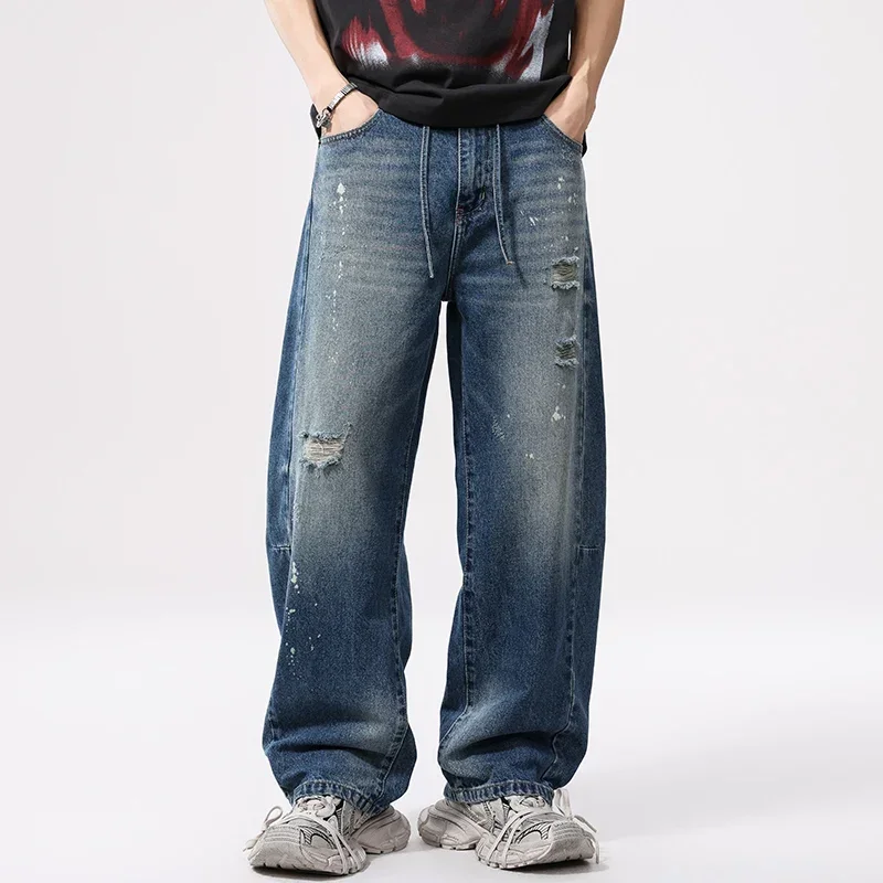

New Men Fashion Loose Casual Vintage Wide Leg Baggy Broken Hole Ribbed Jeans Cityboy Denim Baggy Jeans Pants Trousers