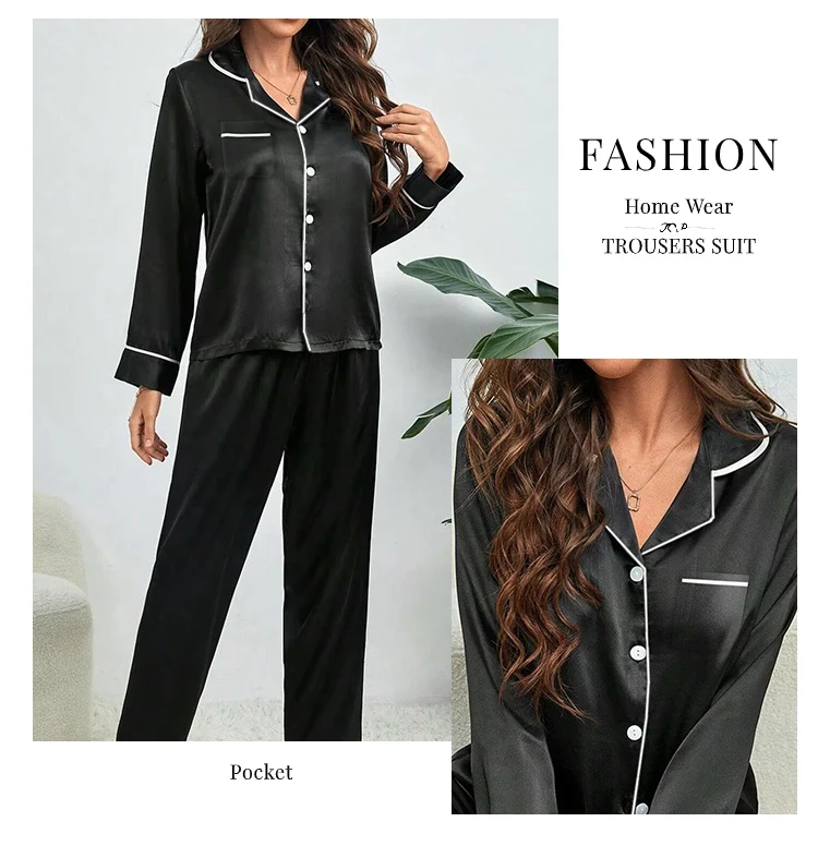 Plus Size Pyjamas Damen Herbst und Winter Eisseide Langarm Zweiteiliges Set Loungewear Nachtwäsche Damen Einfarbige Nachtwäsche – Detail 7