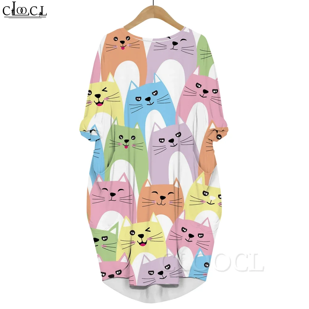 

CLOOCL Cartoon Kitten Dress 3D Printed Women Oversize Dresses Fashion Long Sleeve Pockets Kawaii Clothing