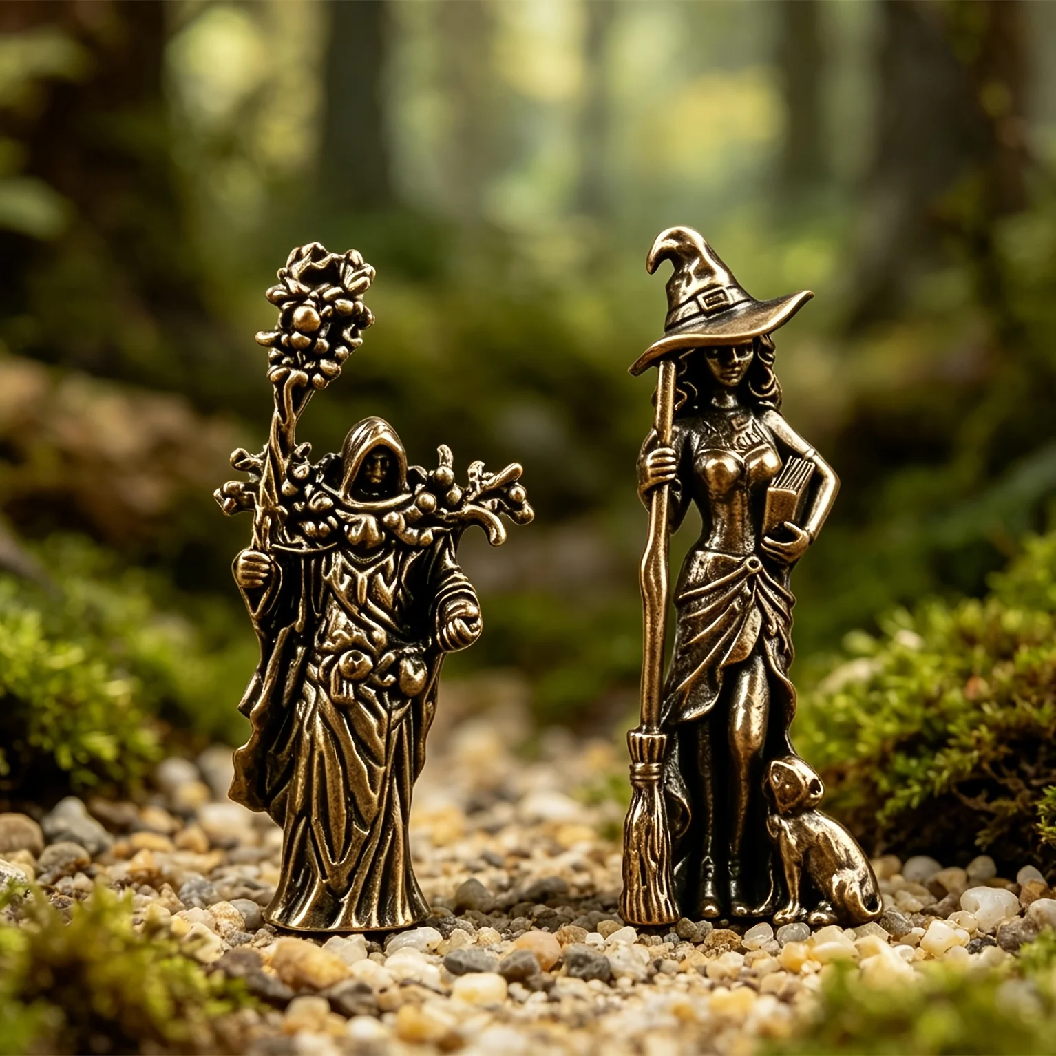 2-piece set of finely crafted brass mini statues of a wizard and a witch, elegant and atmospheric.