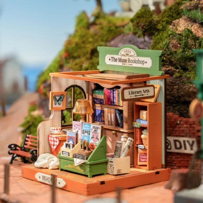 Robotime Rolife DIY Miniature House Fancy Tea Yard kit Muse Bookshop kitCentury Postoffice kit Sea Holiday Restaurant for Adult