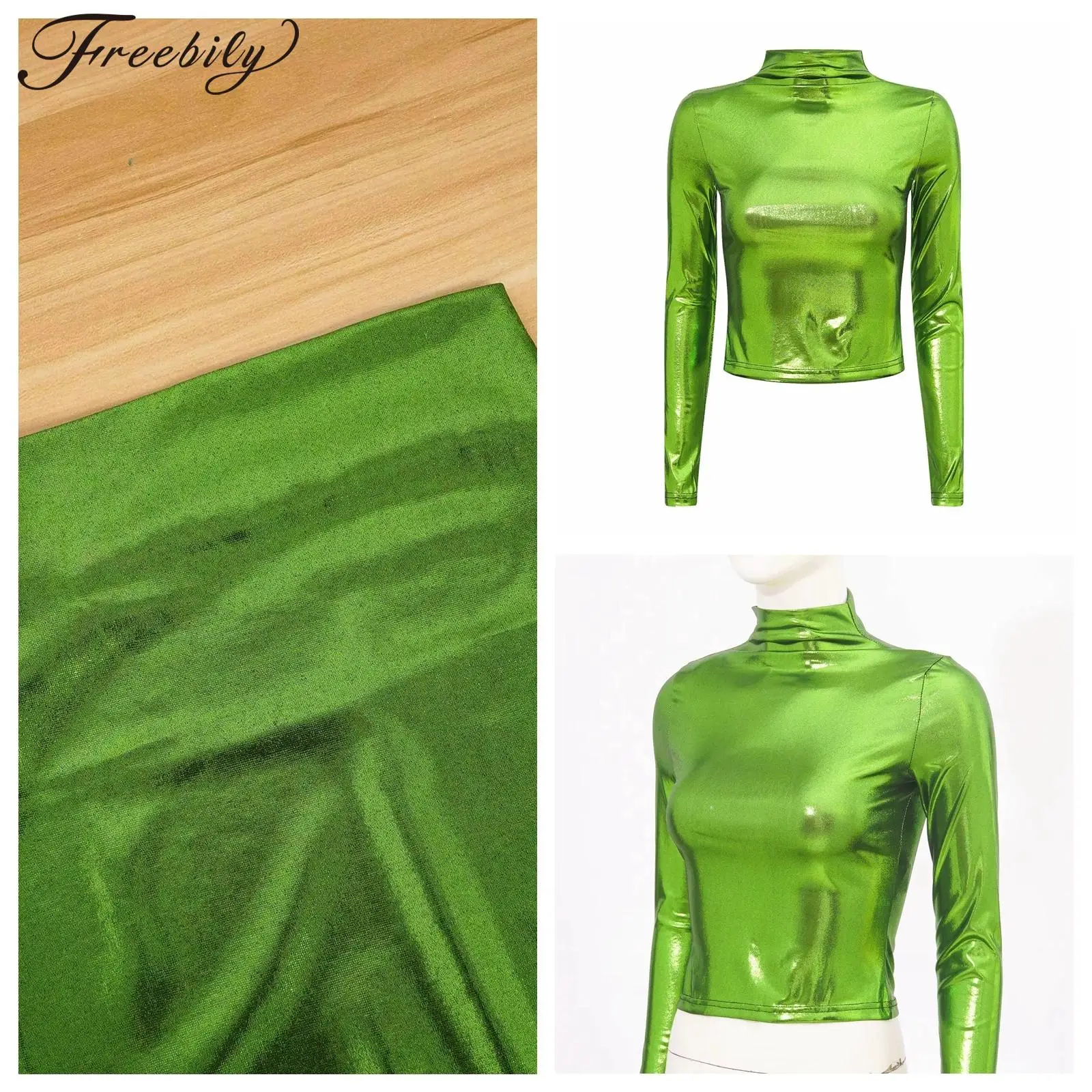 

Women's Holographic T-shirt Metallic Tee Slim Fit Mock Neck Tops Club Party Music Festival Costume Long Sleeve Fashion Shiny To