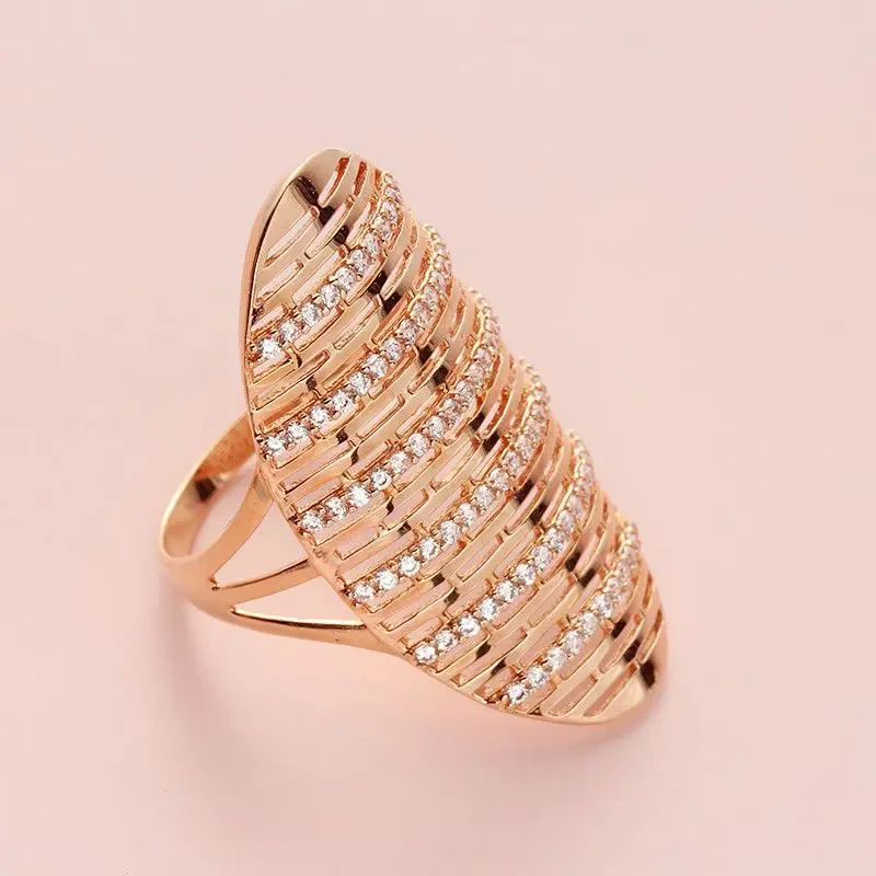 585 purple gold exaggerated diamond inlaid design oval sweet 14K rose gold rings for women high-grade Hollow-out luxury jewelry