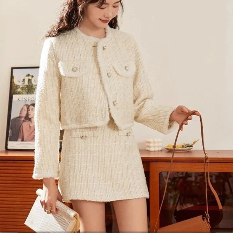 Small fragrant style tweed temperament two piece set women's autumn and winter new round neck cotton jacket+half skirt