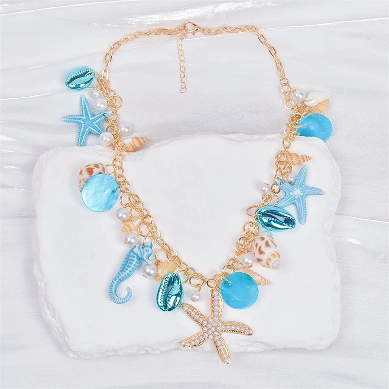 Urlaub Strand Charm Halsketten für Frauen Trendy Blau Seestern Shell Anhänger Halsketten Handgemachte Böhmen Perlen Kette Schmuck – Detail 9