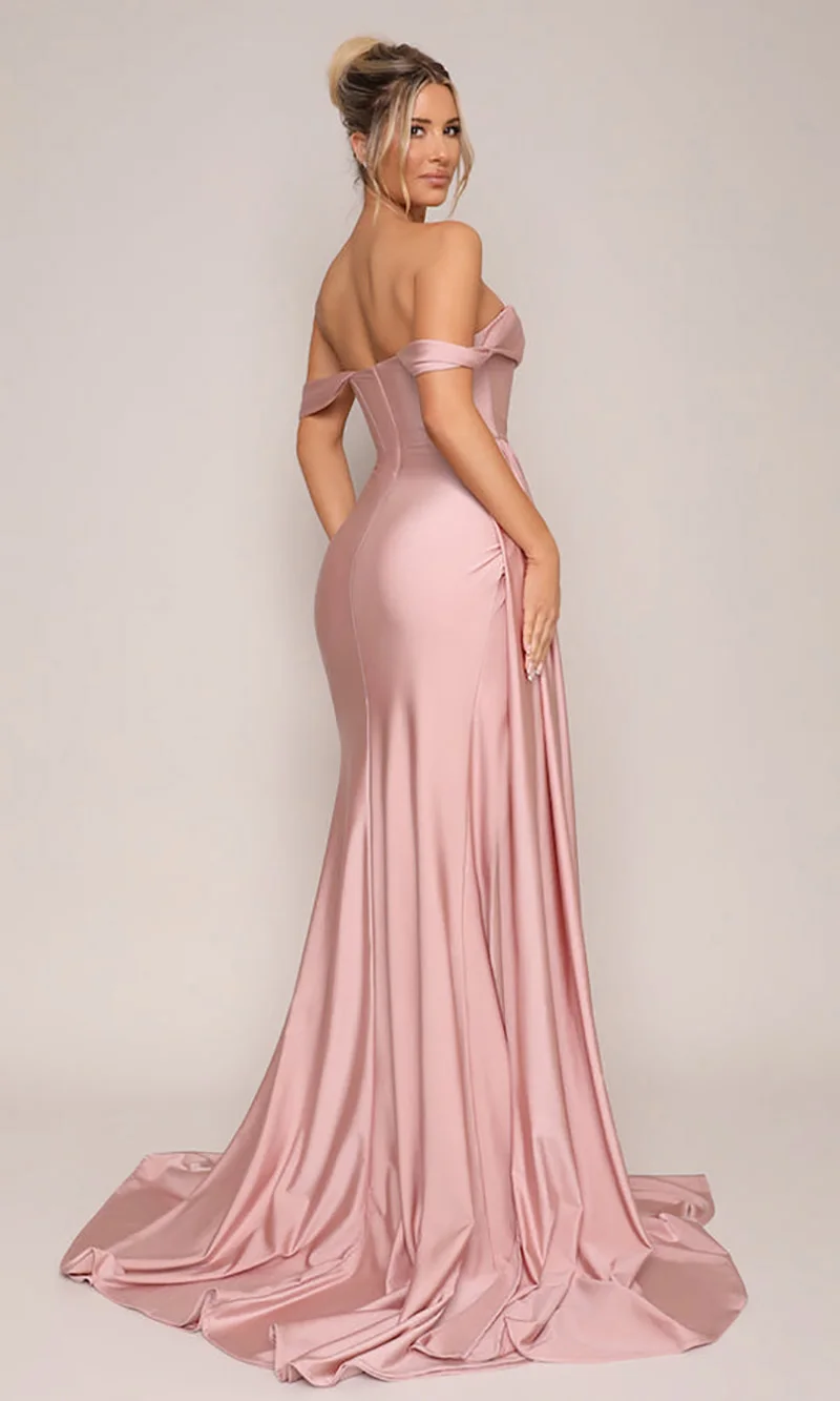 LoveDoris Off the Shoulder Bridesmaid Dress A-Line Evening Prom Dress Long Satin Party Dress Wedding High Split Dress
