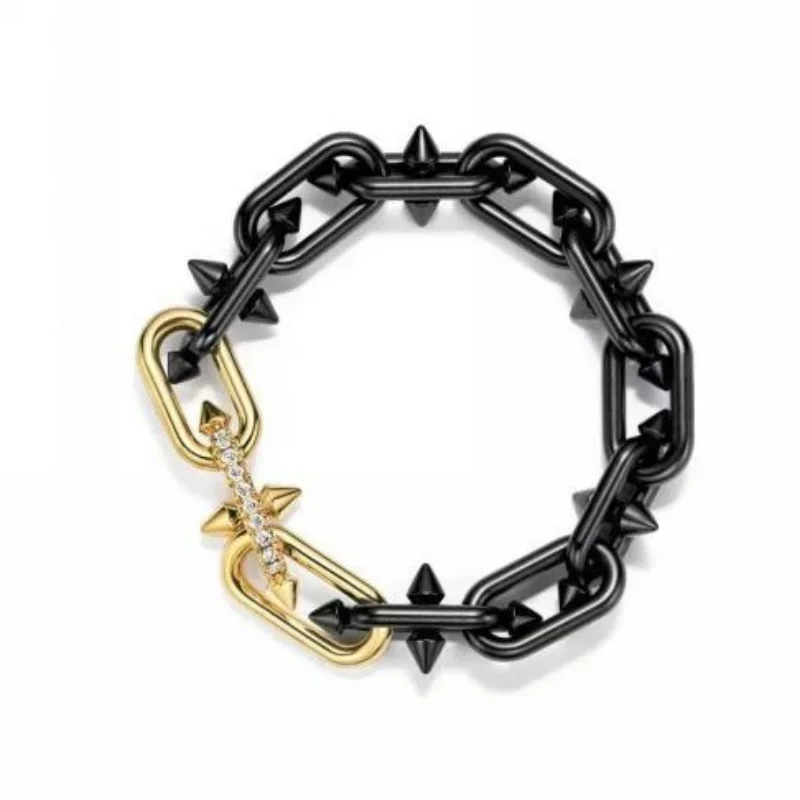 

Black & Gold Two-Tone Spiked Link Chain Bracelet with Pave Crystal Accent
