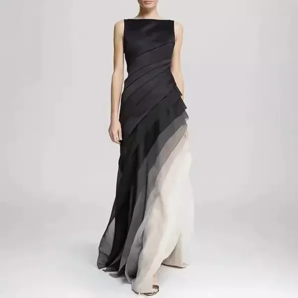 

Elegant High-Waisted Long DressSolid Color Black Multi-Layer Heavily-Crafted Gown European And American Style Sari Dress