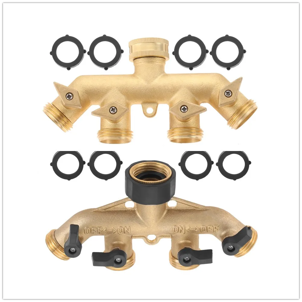 

1set 4 Way Brass Hose Splitter 3/4" Heavy Duty Brass Garden Adapter Connector Individually Separator Shut-off Valve with Washer