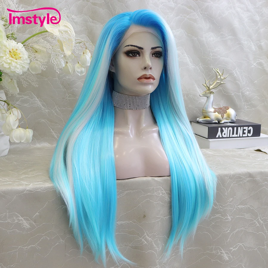 Imstyle Blue Wig Synthetic Lace Front Wig Long Straight Hair Cosplay Wigs For Women Heat Resistant Fiber