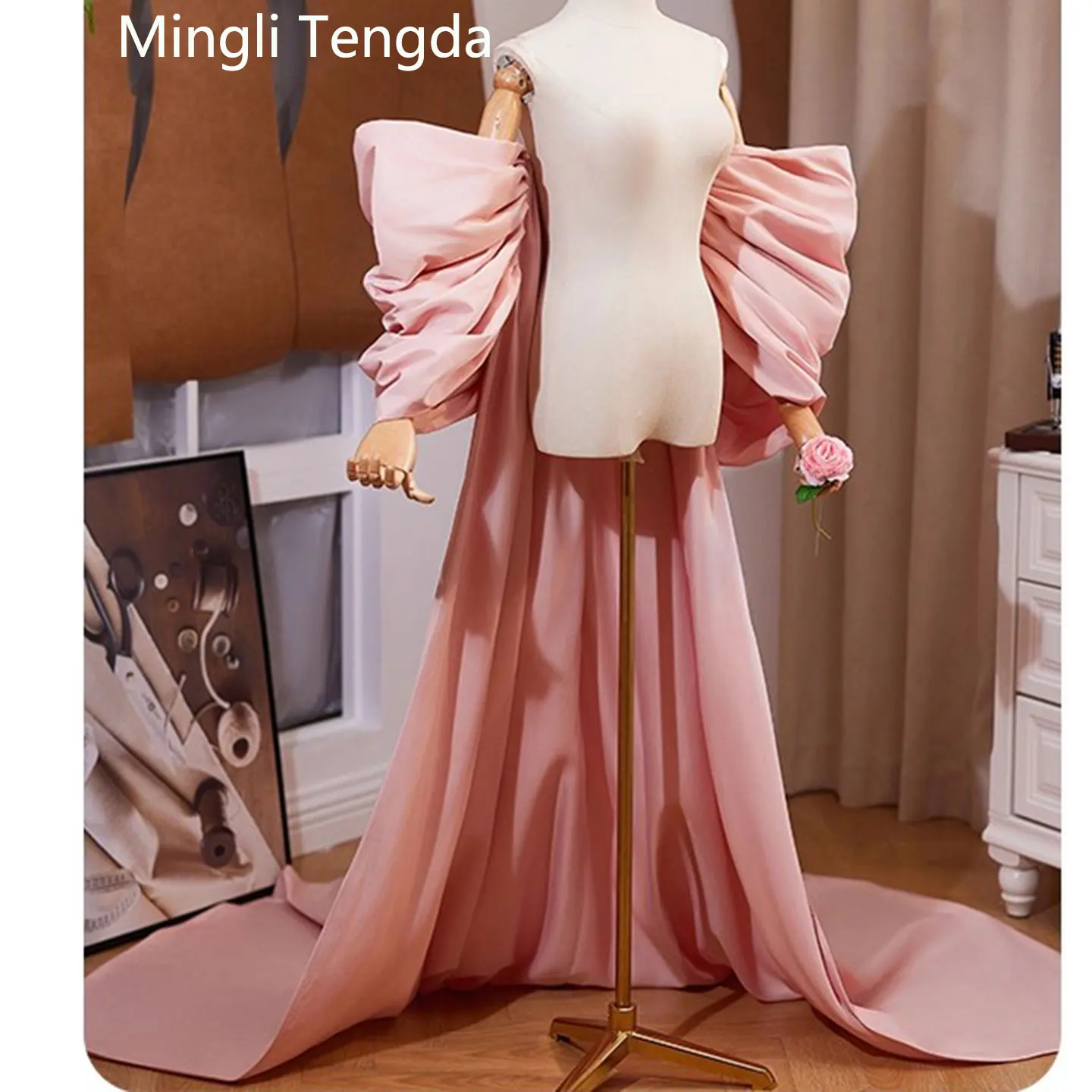 

Mingli Tengda Pink Big Sleeves Shawl Accessories Design Sense Evening Dress Jacket with Tail High-end Feeling 2025 Fshion Cloak