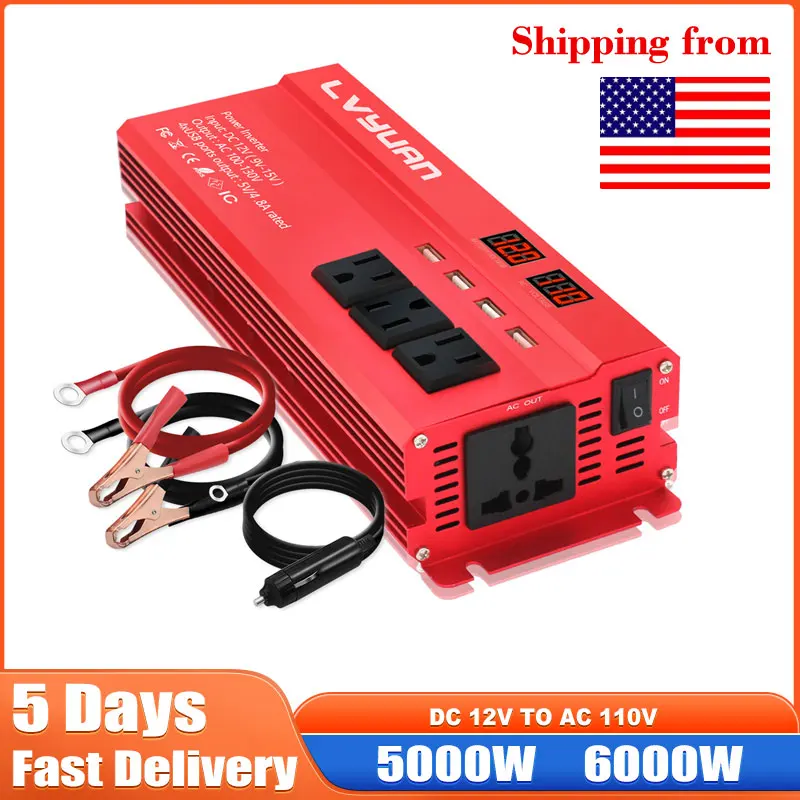 

12V To 220V 5000W 6000W Power Inverter LED Display US Socket Solar Inverter Dual USB Fast Charging for Phone Laptops Car