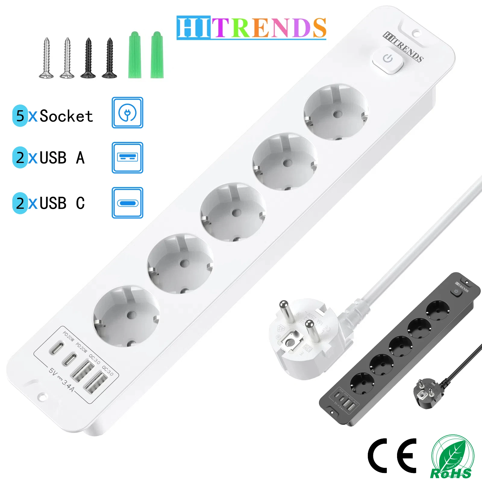 Eu plug Desktop built-in power board 2USB-A 2USB-C Charging port socket Master control switch 2 m extension cable White Black