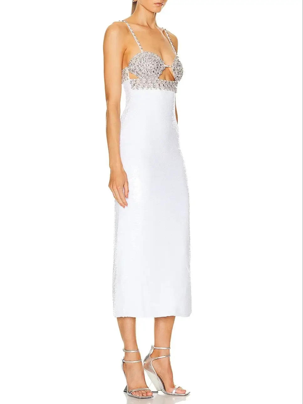 Summer New Women Sexy Crystal White Sequins Glitter Cut Out Mid-Calf Bodycon Dress Party Evening Birthday Dress Costume Vestido