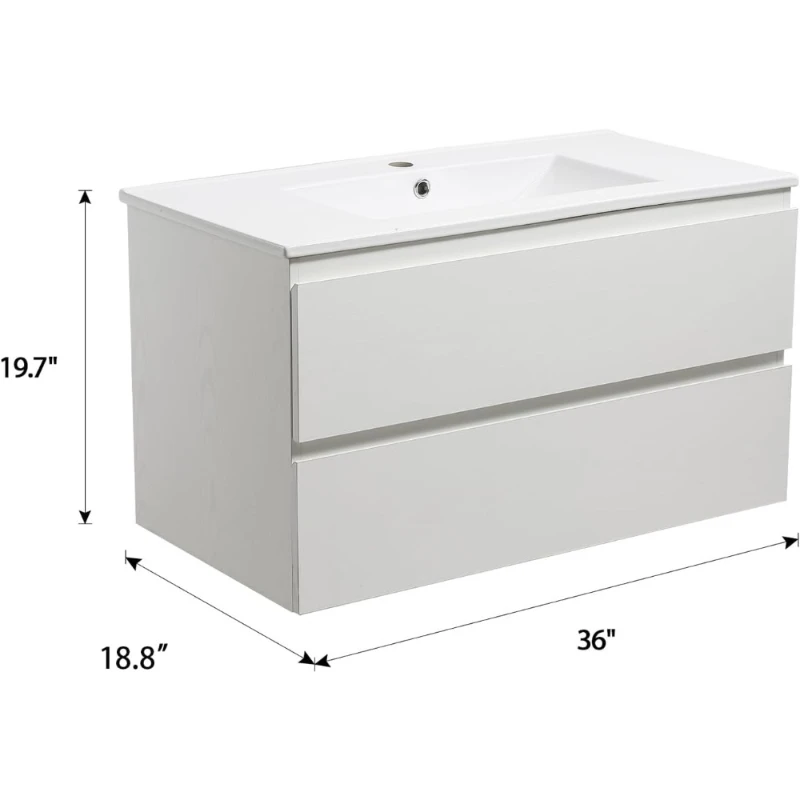

36" White Bathroom Vanity Wall Mounted Floating Vanity Two Drawers Storage Cabinet with White Ceramic Integrated Sink