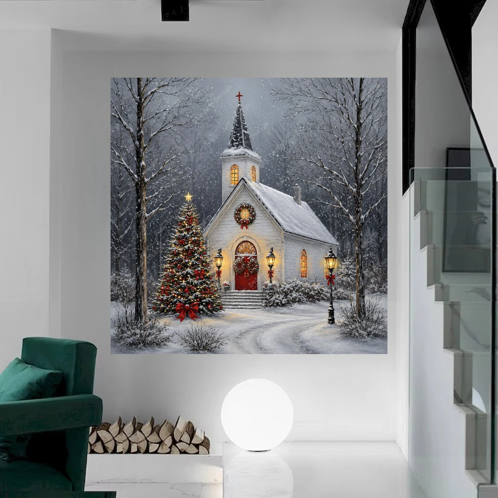 Snowy Winter Church and Christmas Tree Scenery Jigsaw Puzzles 500PCS/1024 PCS Modern Wall Decor for Living Room Bedroom Gift