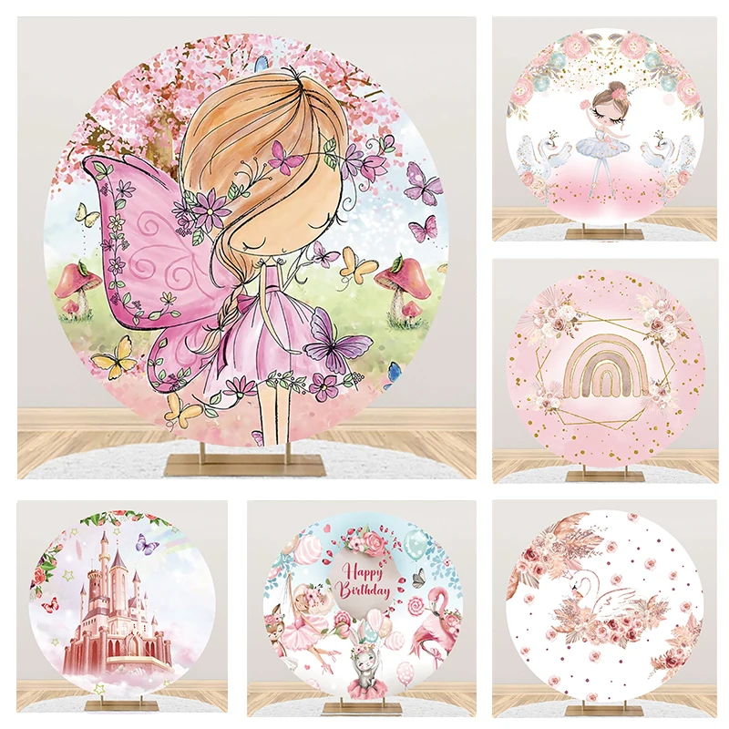 Laeacco Girl Birthday Round Photo Backdrop Fairy Pink Sakura Butterfly Baby Shower Princess Portrait Customized Photo Background