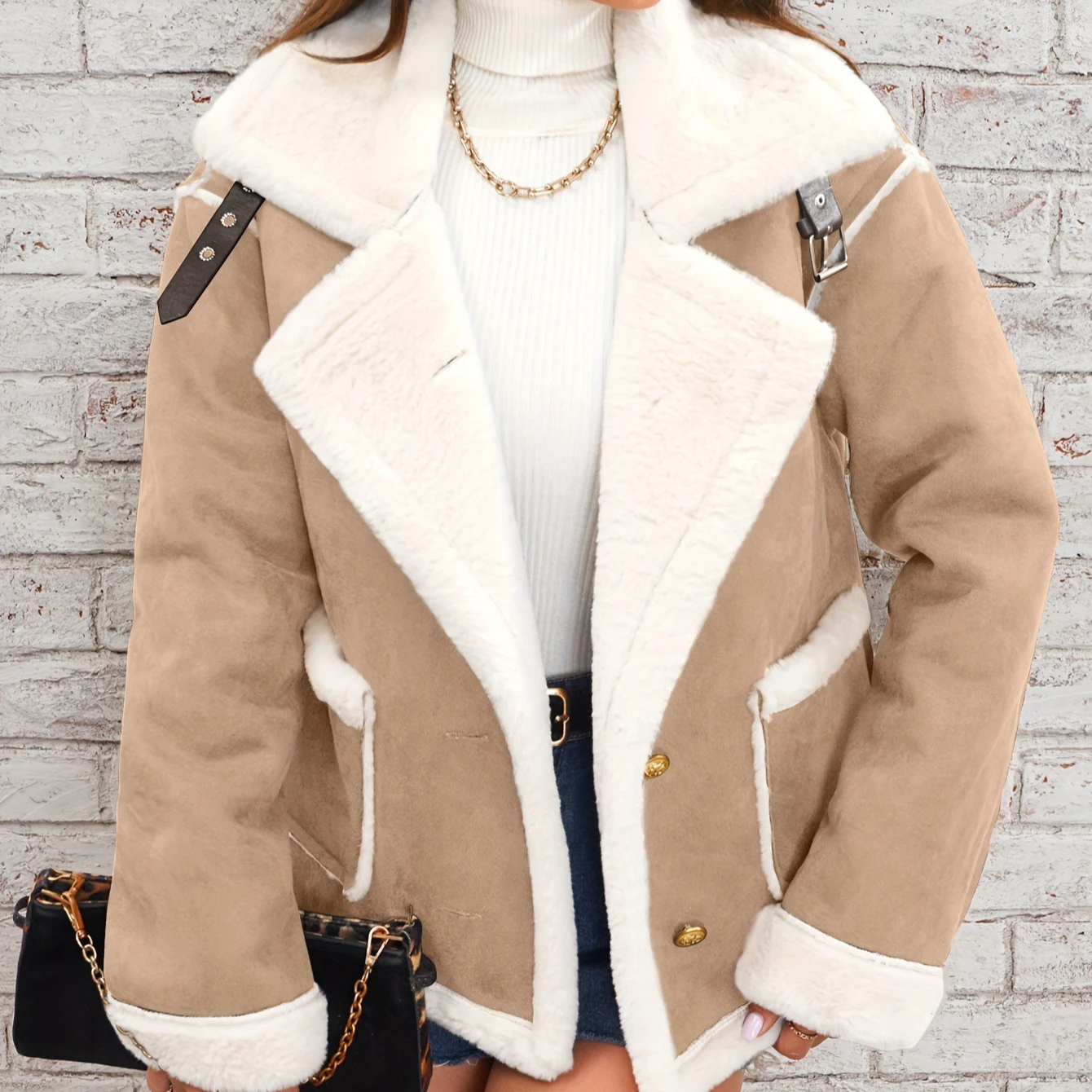 Women Shearling Jacket Casual Short Coat Y2k Turn Down Collar Long Coats Single Breasted Loose Street Wear Thick 2025 Winter