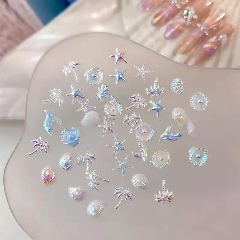 50Pcs Shell Starfish Mermaid Tail Nail Art Charms Ocean Aurora Shapes for Summer Beach Party Nail Decorations Nail Tech