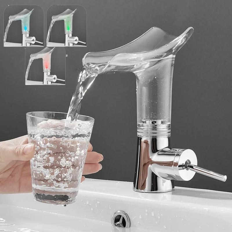 LED Basin Faucet Transparent Waterfall Faucet Temperature Colors Change Bathroom Cold Hot Water Mixer Deck Mounted Wash Sink Tap