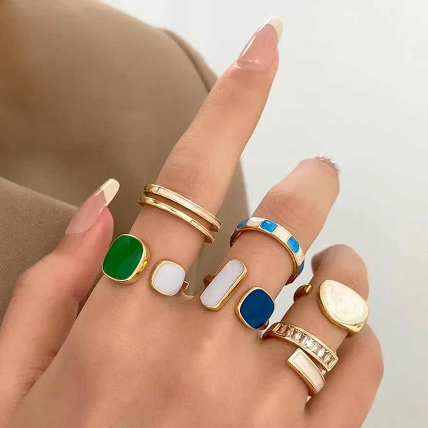 LATS 6PCS Adjustable Colorful Drip Glaze Ring Women Fashion Retro Geometric Gold Color Metal Rings Wedding Jewelry Birthday Gift