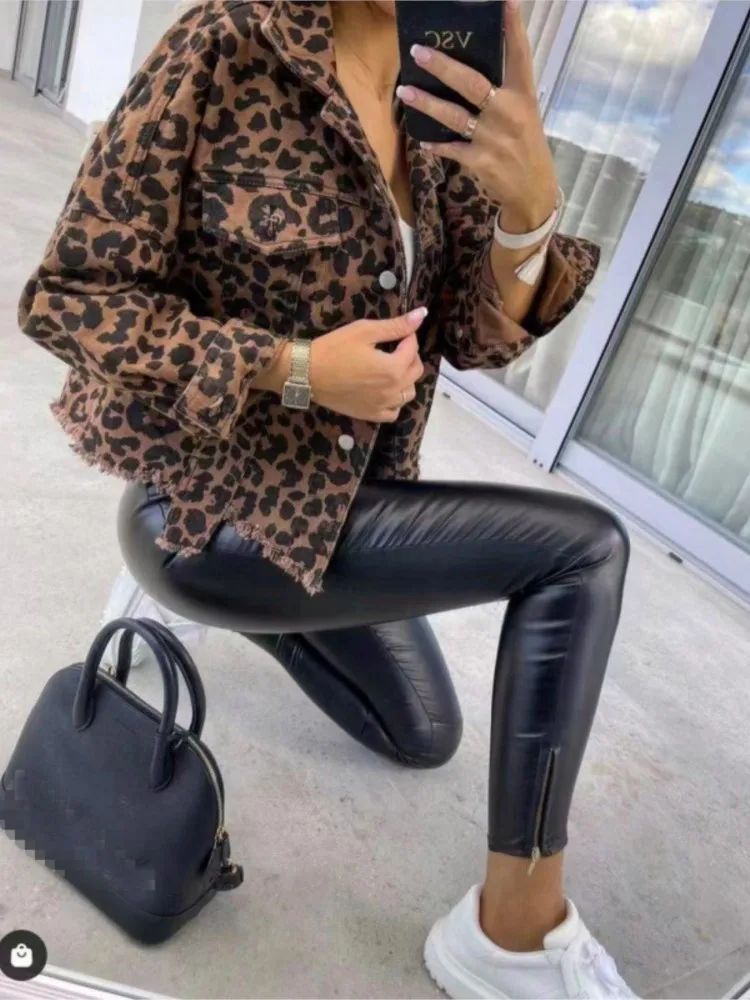 

New Fashion Leopard Print Tassel Hem Jacket Women Casual Outerwear Female 2025 Autumn Lapel Single-breasted Cardigan Denim Coat
