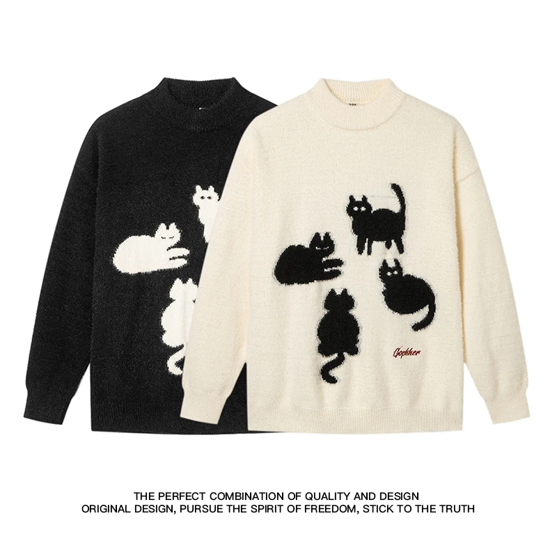 Korean ins Cat Pattern Knitted Black Beige Crew Neck Pullovers Knit Loose Long Sleeve Sweaters Couple Fashion Sweater