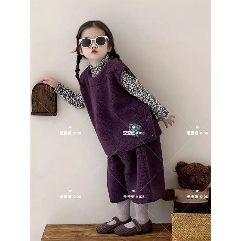 Winter Childent Coat Thicken Warm Purple Artificial lamb wool Vest +Leopard print Tshirt+Shorts 3Pcs Suits Cotton Girls Casual