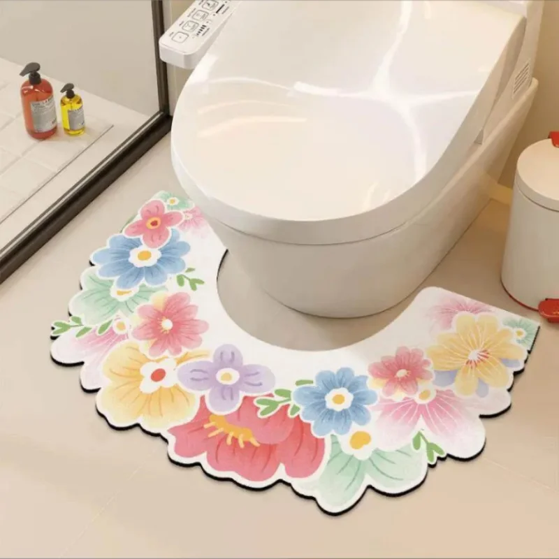 35x55cm Small Fresh Flower Diatomaceous Earth Toilet Floor Mat U-Shaped Water Absorbing Quick-Drying Anti-Slip Bathroom Foot Mat