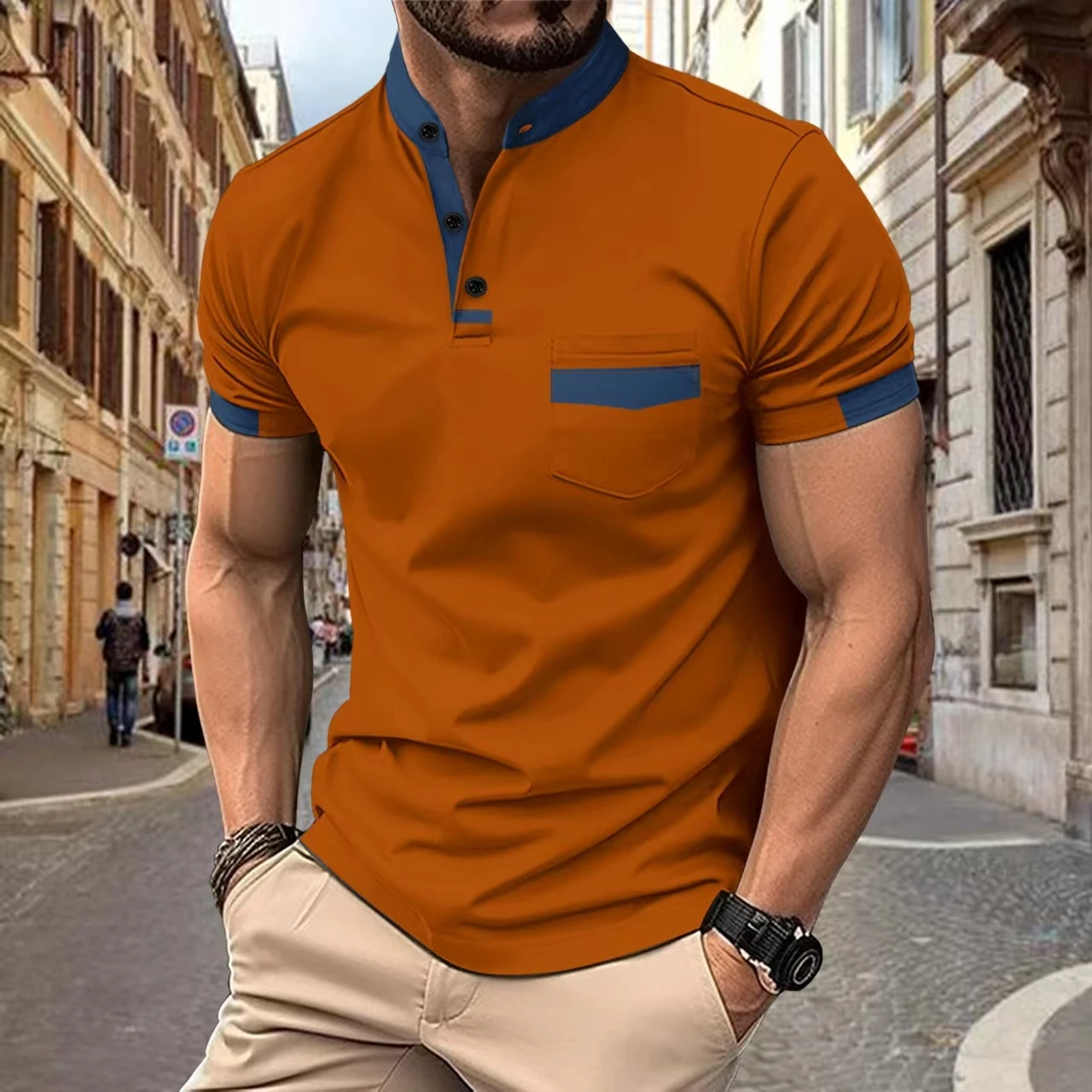 2024 Hot male stand collar solid color short-sleeved Henry shirt, chest pocket leisure entertainment men\'s POLO shirt