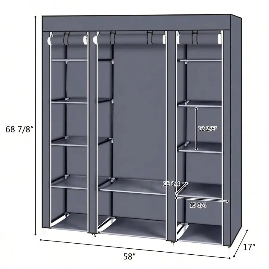 

69" Portable Clothes Closet, Non-Woven Fabric Wardrobe Organizer, Gray, Ideal For Bedroom, Dorm, Apartment, Extra Storage Space