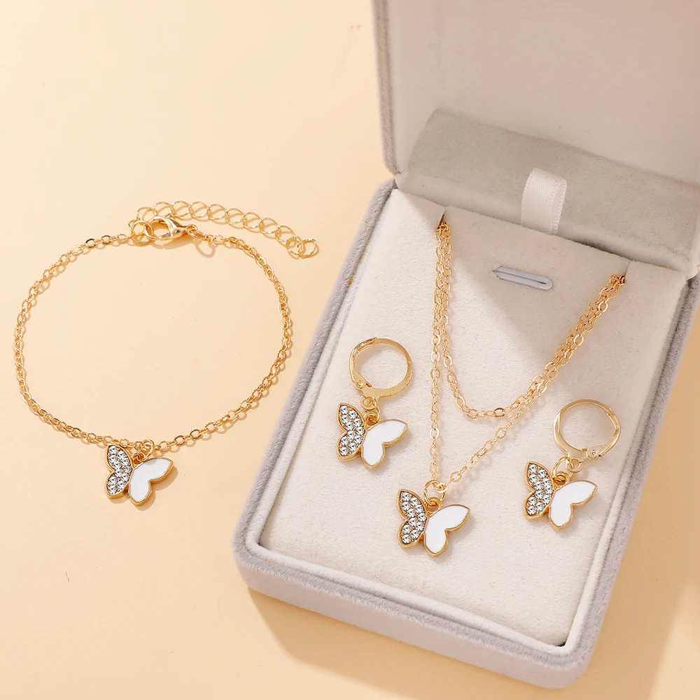 4PCS Bohemian Butterfly Jewelry Set for Women, Necklace Bracelet Hoop Earrings, Sweet Gift for Women Daily