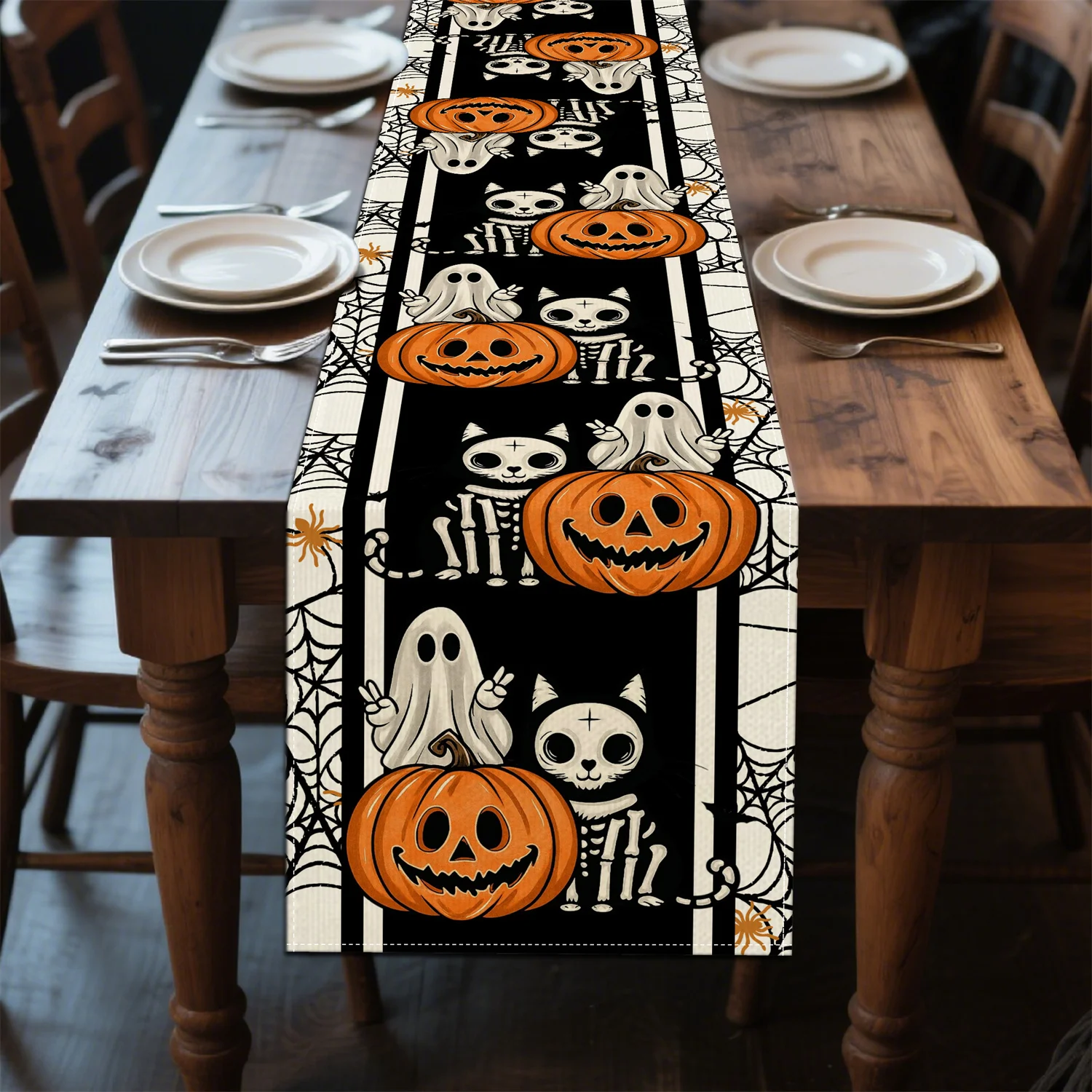 One spider-web lantern and Ye Ghost Skeleton Cat Halloween Table Flag are suitable for restaurants and kitchens.