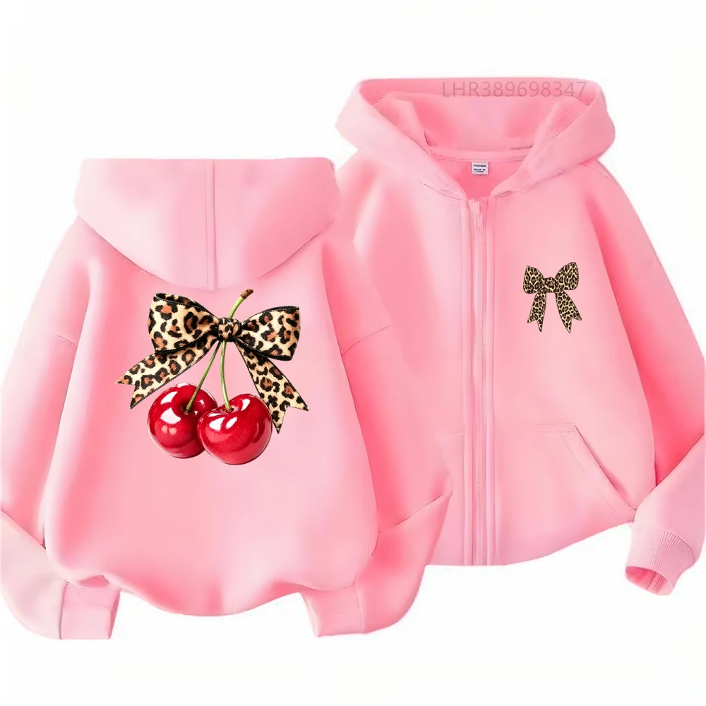 Girl Pink Tops Cherry Bow Children Hoodie Zip Up Black Gray Coat Boy Hoodies Kid Outdoors Autumn Zipper Style 5