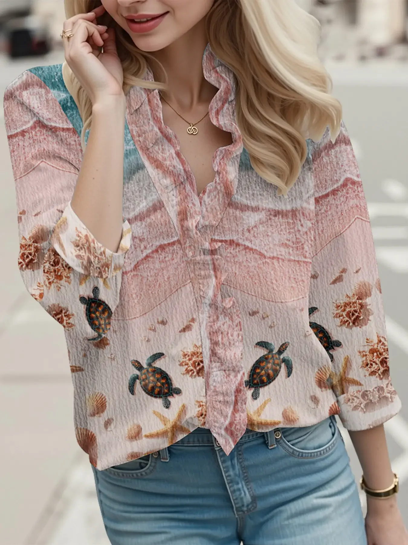 Autumn new V-neck casual top, women's long sleeved lace shirt, retro floral print design, Casual and Elegant Hoodie