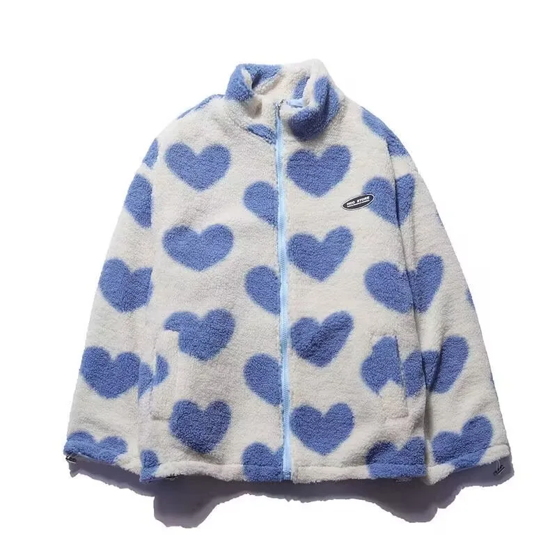 Double-sided Heart Shape Design Lamb Plush Women's Coat Cotton Clothes 2022 Winter Warm Windproof Jacket Street Y2K Clothing