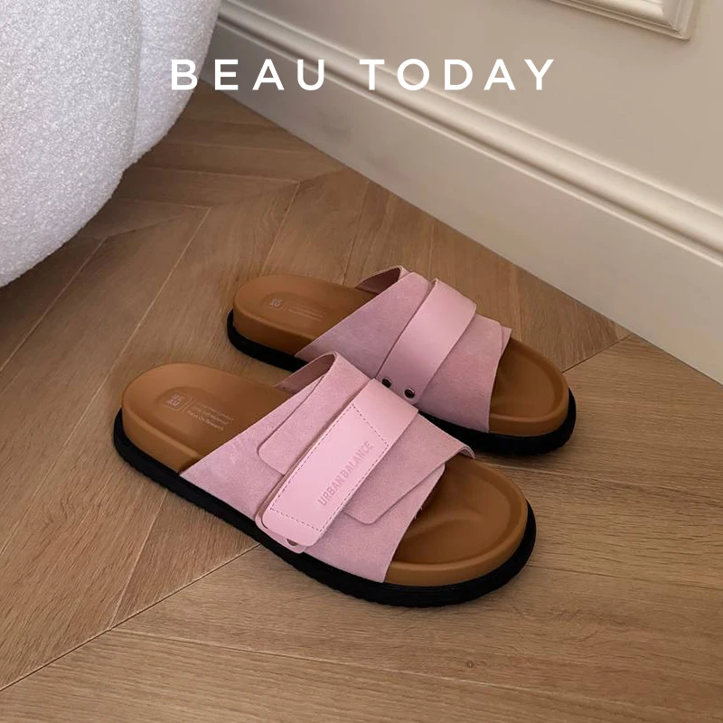 

BEAUTODAY повседневные тапочки, женские замшевые тапочки из коровьей кожи на липучке, однотонная уличная женская обувь ручной работы 34089