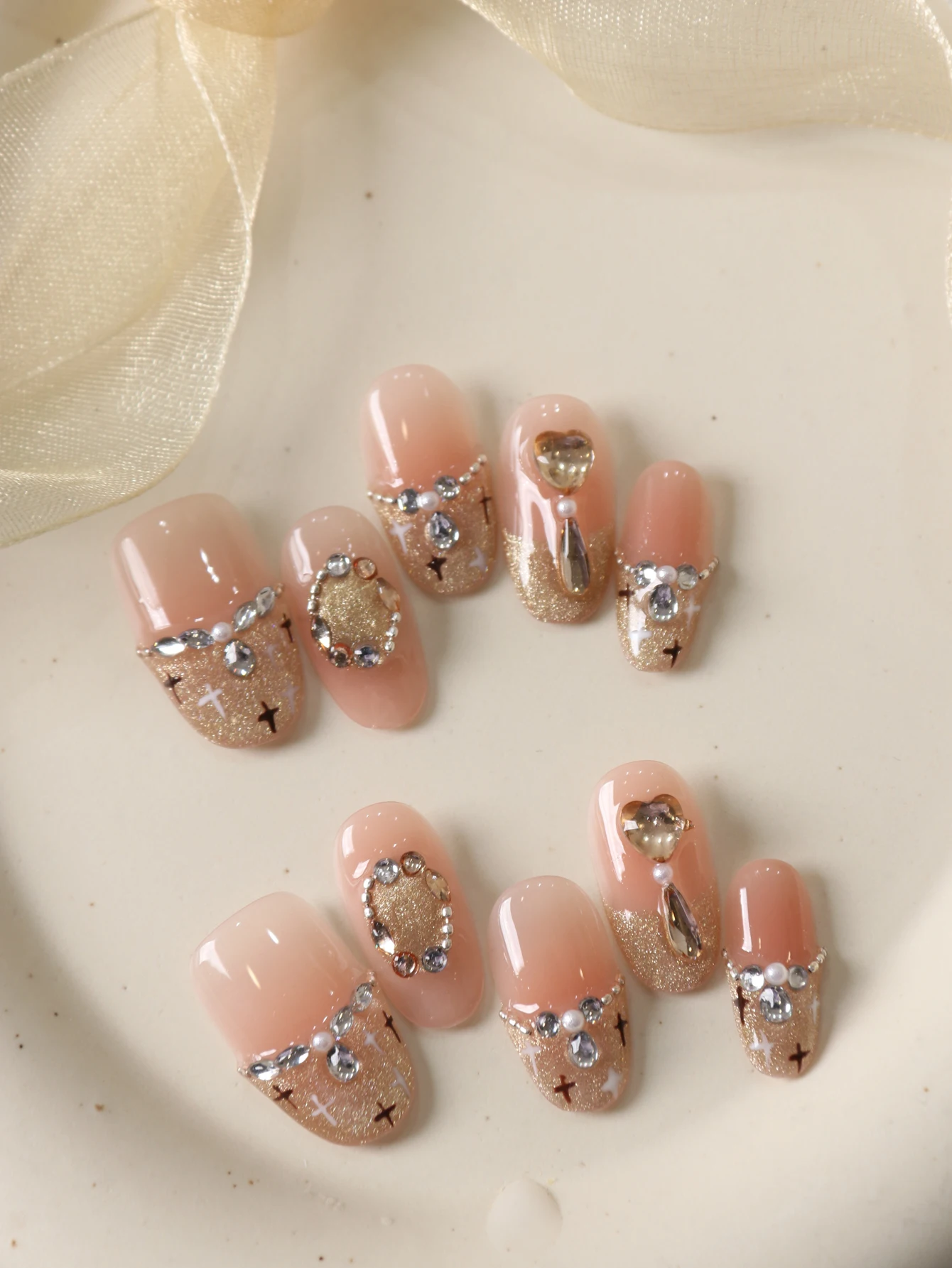 10Pcs Acrylic Press on Leopard Print Cat's Eye Flash Diamond Fake Nails Includes 1 Sheet of Adhesive Tabs & 1 Pc Mini File