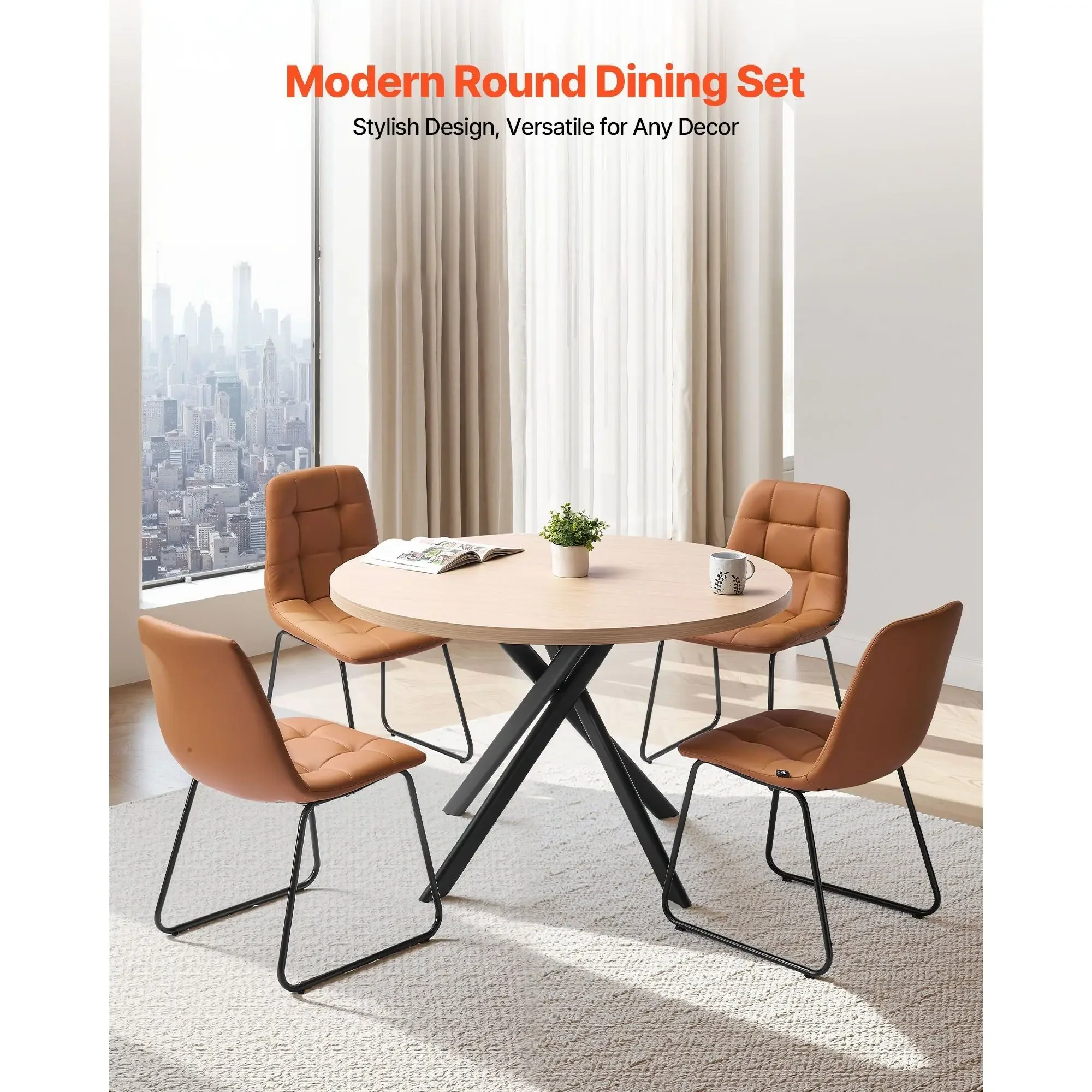 Set of modern wood tone dining table set PU leather cushion adjustable foot pad