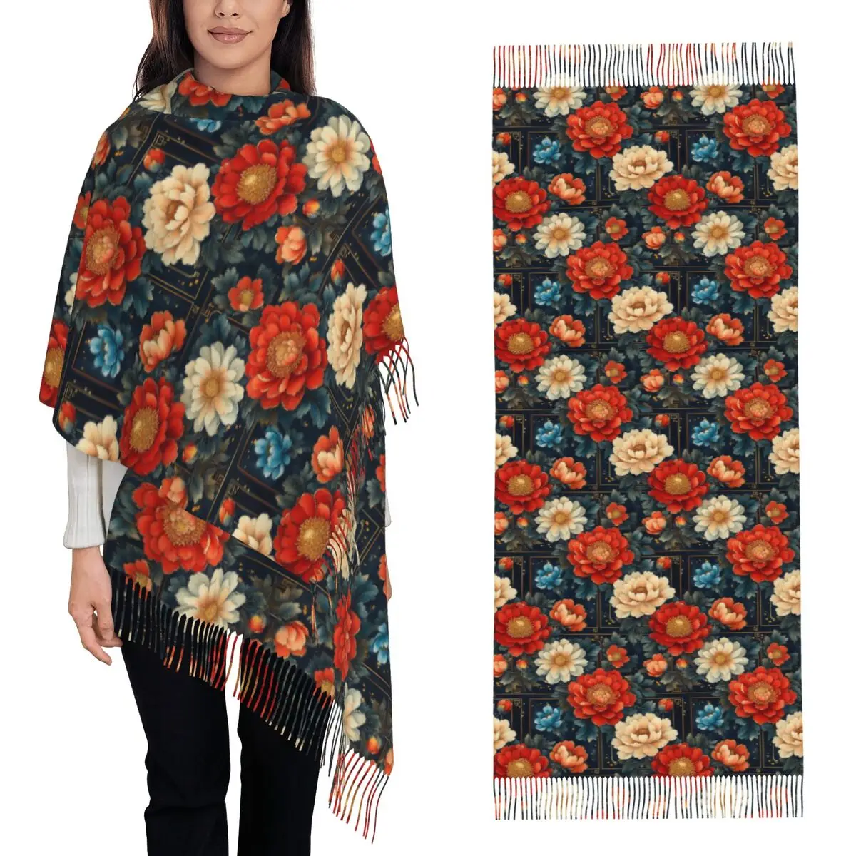 Eleganza orientale Sciarpa con motivo floreale peonia cinese Sciarpe con nappe Scialle e involucri morbidi e caldi da donna Grande scialle autunno inverno