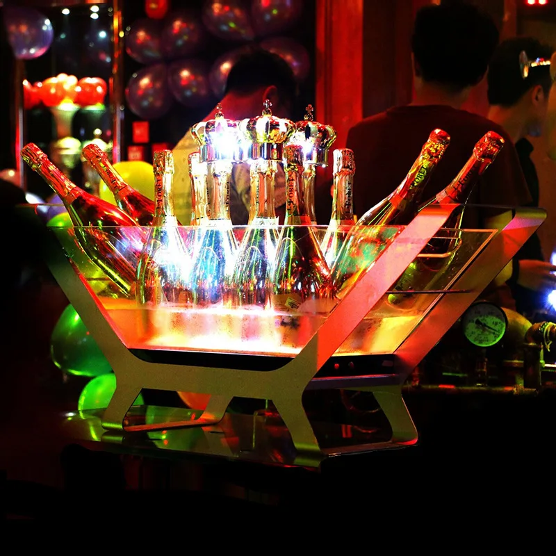 Metal frame acrylic transparent LED ice bucket plastic champagne cocktail trough bar KTV luminous ice